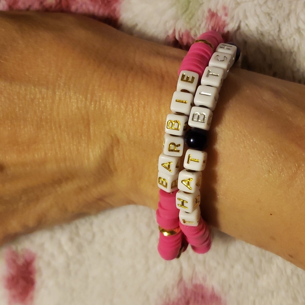 2 handmade Barbie alphabet bead bracelet, stretchy for ADULTS (swear word on it)